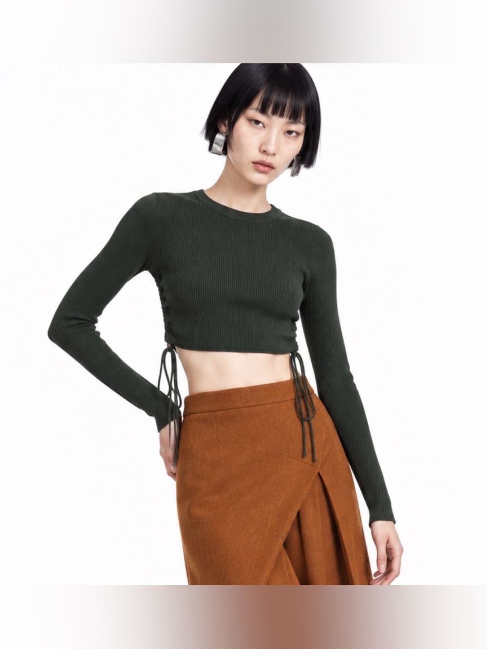 Zara Dark Olive Ribbed Long Sleeve Crop Top with Side Ties